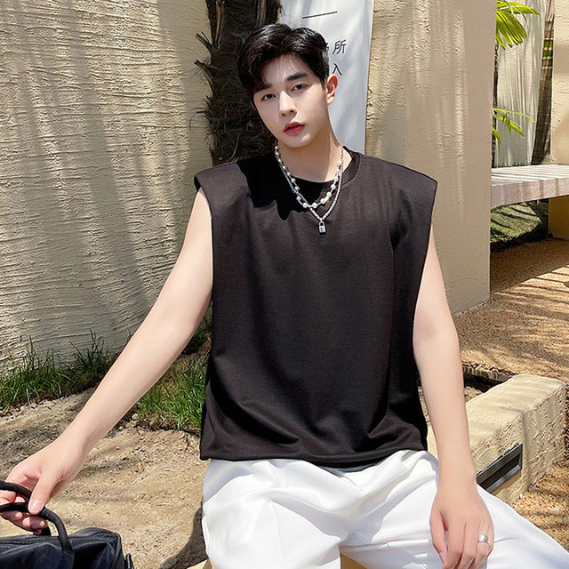 Net Celebrity Streetwear Men's Wide Shoulder Pads Loose Casual Sleeveless  T-shirts Tank Tops Tees Man